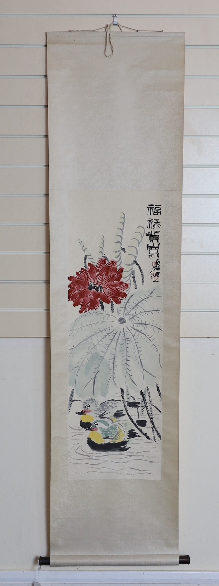 After Qi Baishi (1863-1957), Mandarin ducks, scroll picture, published by Tianjin Arts & Crafts Export Company, 1959, image 103cm x 33cm